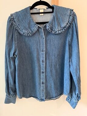 H&M Blue Denim Ruffle Collar Button-Up Blouse